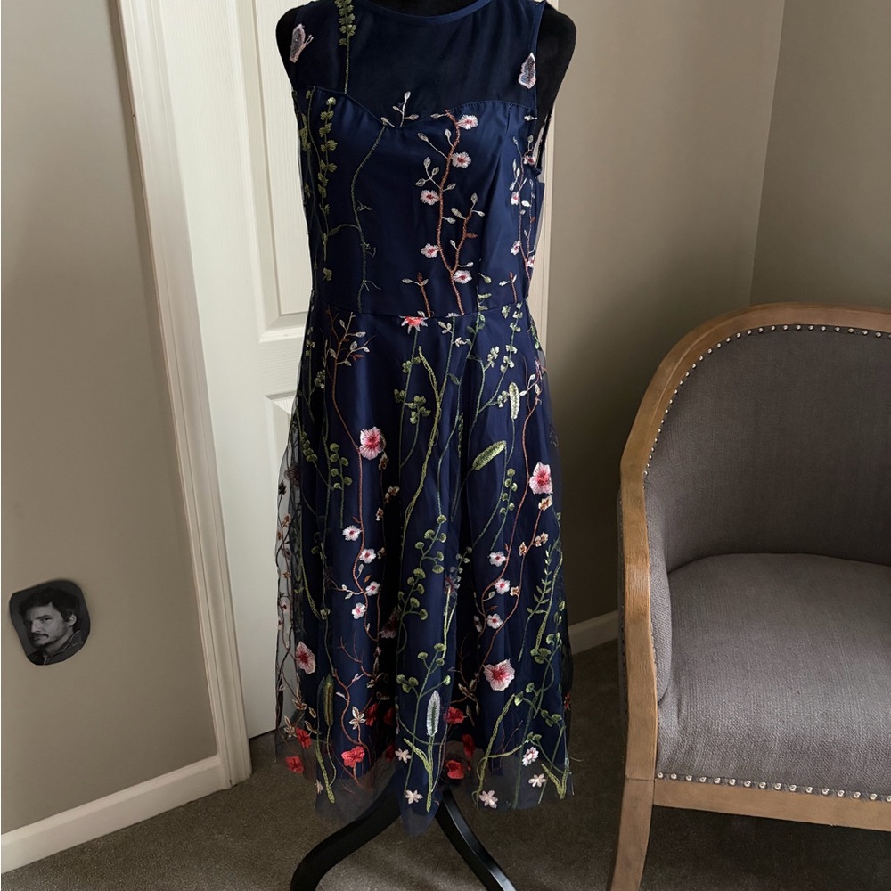 Navy Floral Embroidered Midi Dress